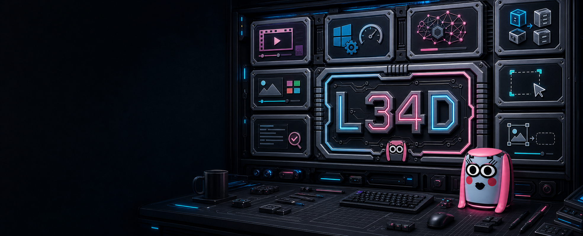 L34D neon software workshop overlooking a living night city